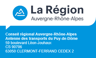 Logo et adresse de l'antenne des transports du Puy-de-Dôme de la Région Auvergne-Rhône-Alpes. Adresse postale : 59 boulevard Léon-Jouhaux, CS 90706, 63050 CLERMONT-FERRAND CEDEX 2. Cliquez pour accéder au site Internet de la Région Auvergne-Rhône-Alpes.